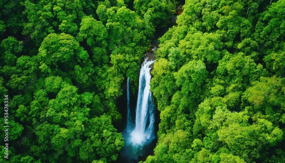 A stunning aerial shot of a waterfall surrounded by lush green trees, showcasing the beauty of nature in its purest form. A stunning aerial shot of a waterfall surrounded by lush green trees, showcasing the beauty of nature in its purest form.