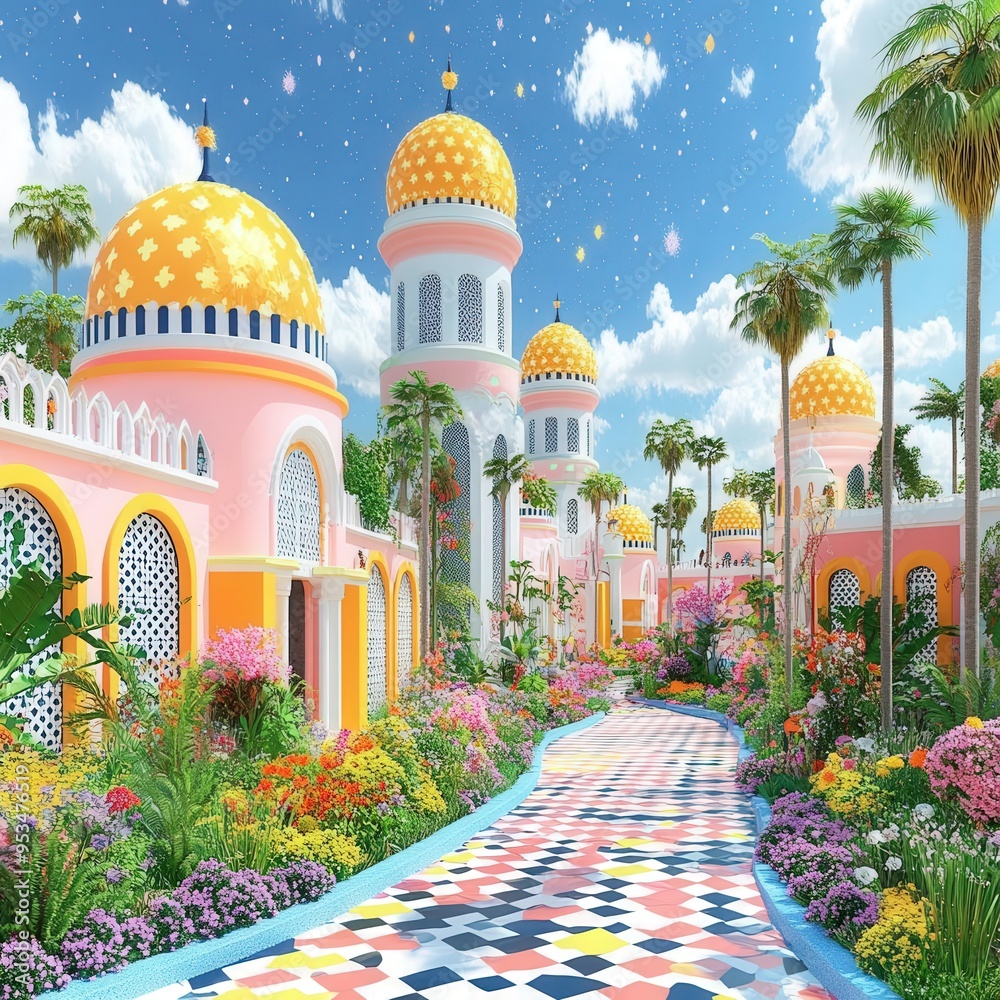 Obraz premium A vibrant, whimsical garden pathway with colorful domed architecture under a blue sky