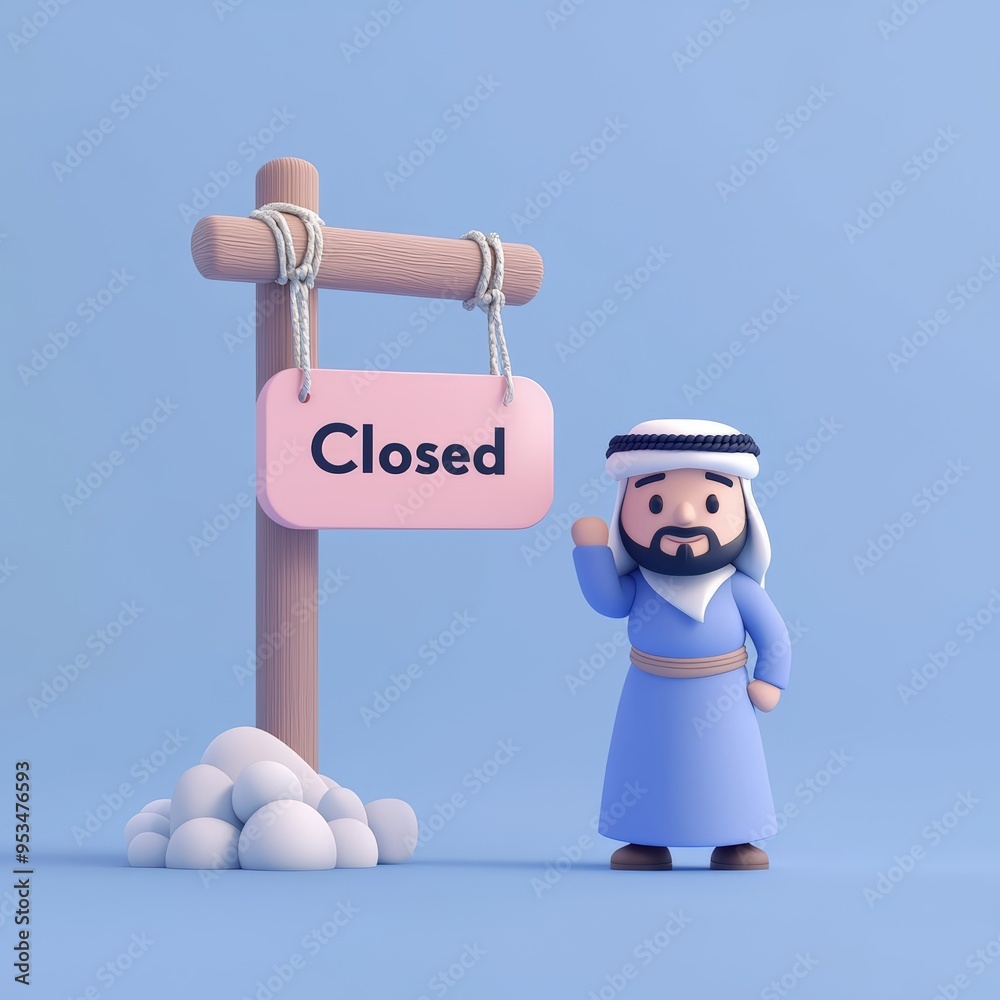Fototapeta premium 3D Render of Arab Man with Hanging Closed Sign