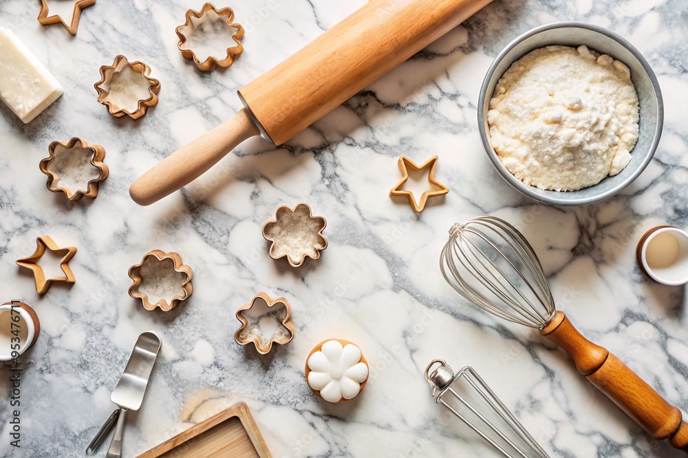 Baking Day Essentials: Preparing Holiday Cookies. A top view of a marble countertop filled with baking tools and ingredients for making festive cookies. Baking Day Essentials: Preparing Holiday Cookies. A top view of a marble countertop filled with baking tools and ingredients for making festive cookies.