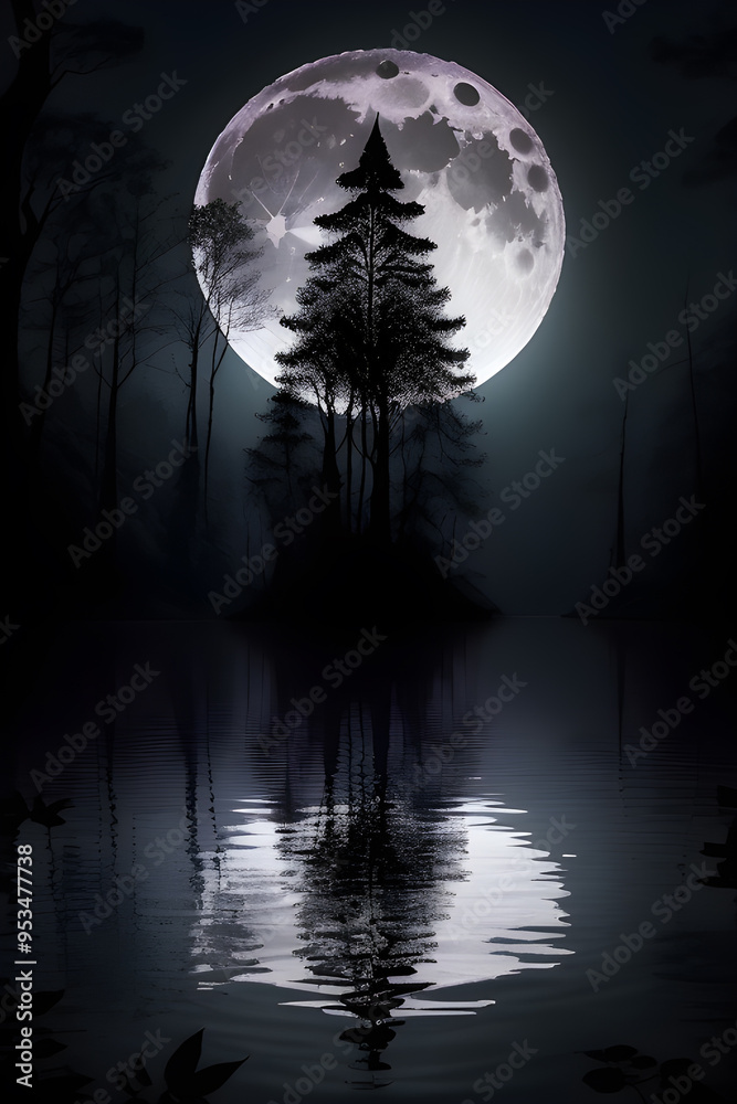 Fototapeta premium A full moon illuminates a silhouetted forest and reflects on a still lake at night, creating a serene and mystical atmosphere in the quiet wilderness.