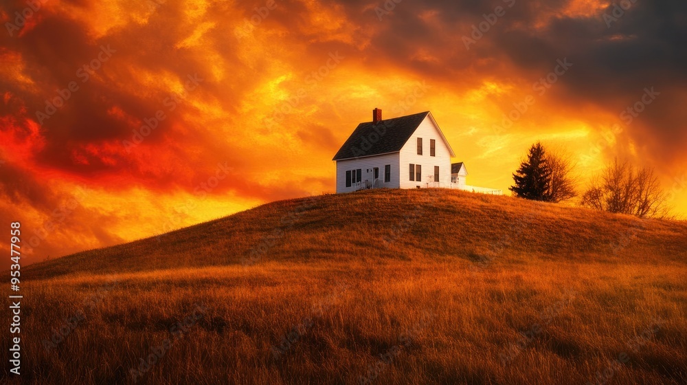 A white farmhouse atop a hill under a dramatic sunset sky with vivid orange and red gradient colors A white farmhouse atop a hill under a dramatic sunset sky with vivid orange and red gradient colors