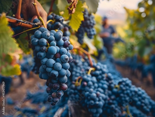 Lush Grape Clusters Hanging in a Picturesque Vineyard During Autumn Harvest