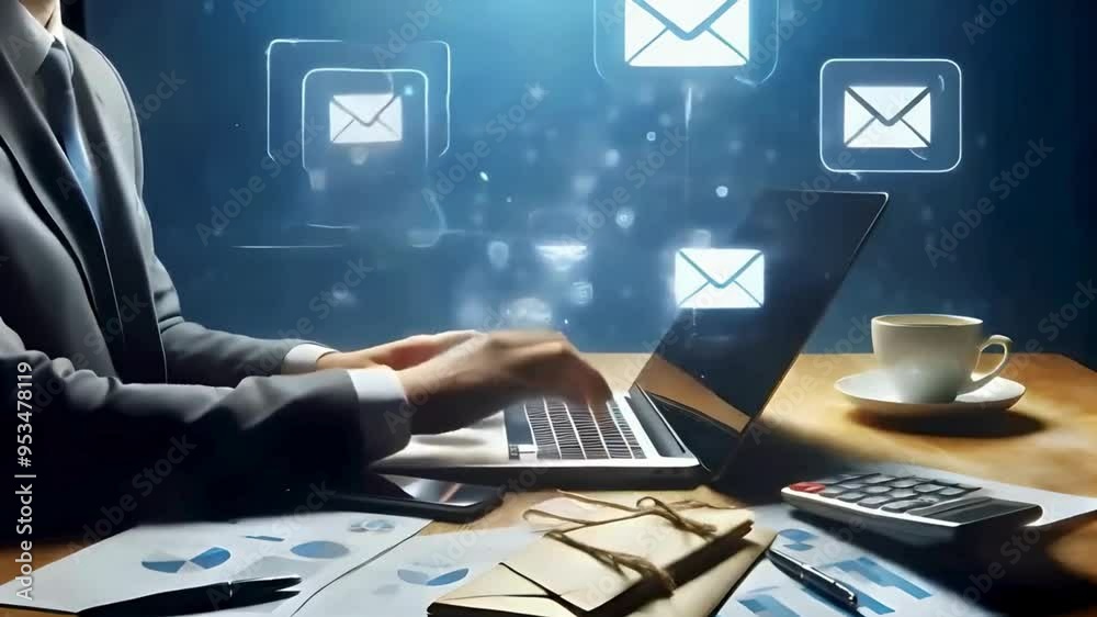 A person sending email using laptop, mailing concept