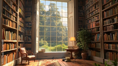 ome library in an early 20th century English mansion with a large window, sunny day, meadows, summer  photo