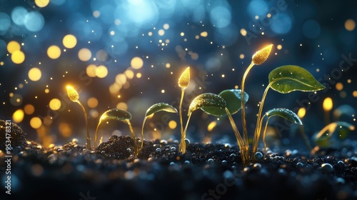 Germinating seeds, captured in a beautiful 3D illustration with a naturistic backdrop and abstract fractal details, symbolizing new life photo