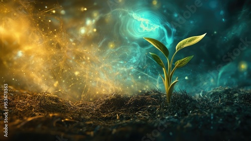 Germinating seeds, captured in a beautiful 3D illustration with a naturistic and abstract fractal background, symbolizing the start of life photo