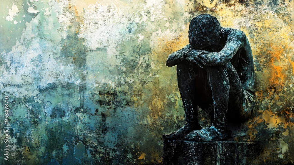 Homeless figure in an abstract setting, with a naturistic background symbolizing both struggle and hope for a better future Homeless figure in an abstract setting, with a naturistic background symbolizing both struggle and hope for a better future