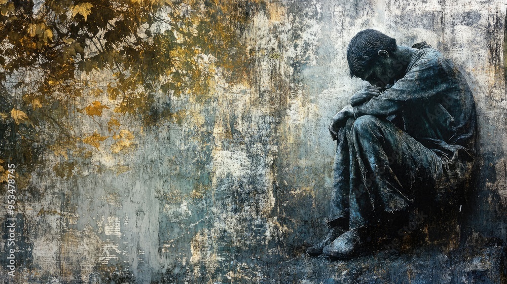 Homeless figure in an abstract setting, with a naturistic background that represents both hardship and the hope for a better life Homeless figure in an abstract setting, with a naturistic background that represents both hardship and the hope for a better life