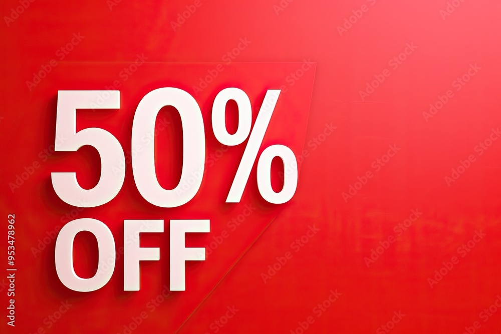 50% off discount sign on a red background with bold white text with copy space 50% off discount sign on a red background with bold white text with copy space