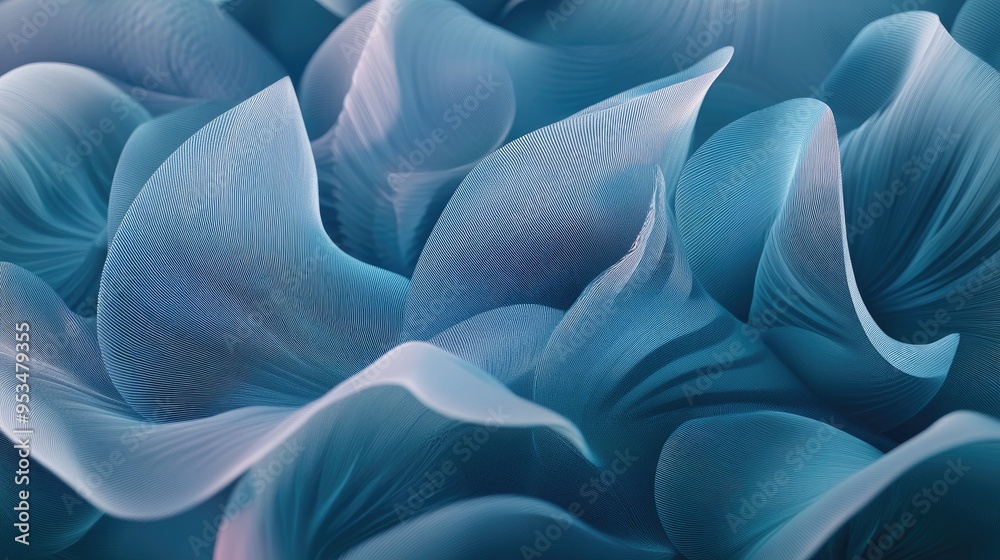 Obraz premium Rhythmically arranged abstract wavy leaves, rising on a futuristic fractal background, 3D rendering, creating a stunning visual effect