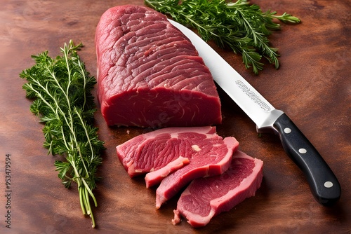 A raw beef tenderloin untrimmed with a knife and fresh herbs beside it, AI Generated photo