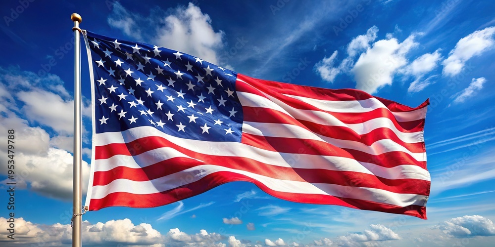 Fototapeta premium Vibrant stars and stripes of the American flag ripple in the wind, symbolizing patriotism, freedom, and national pride on a bright blue sky background.