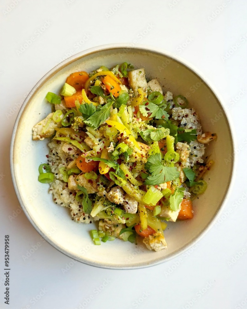 A vibrant bowl filled with colorful mixed vegetables and fluffy rice A vibrant bowl filled with colorful mixed vegetables and fluffy rice