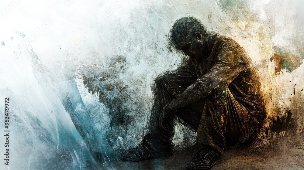 Obraz premium Transparent abstract depiction of homeless life, with a dynamic naturistic background that contrasts despair with a glimmer of hope