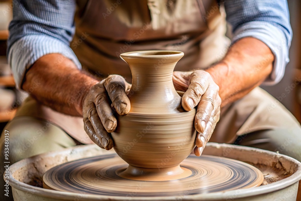 Skilled Hands Shaping Clay on a Pottery Wheel. A close-up shot of a craftsman's weathered hands carefully working a piece of clay on a spinning pottery wheel. Skilled Hands Shaping Clay on a Pottery Wheel. A close-up shot of a craftsman's weathered hands carefully working a piece of clay on a spinning pottery wheel.