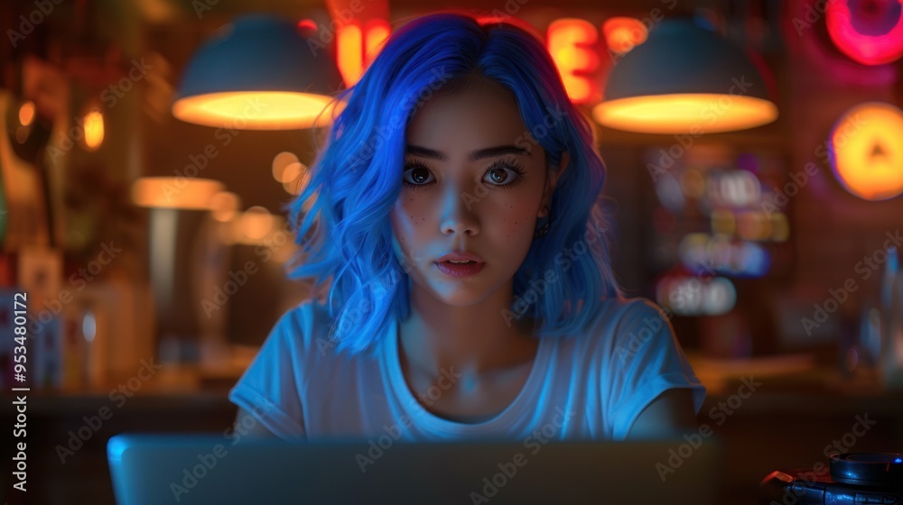 Naklejka premium A young woman with blue hair and a white t-shirt sitting in a dimly lit room with a laptop.