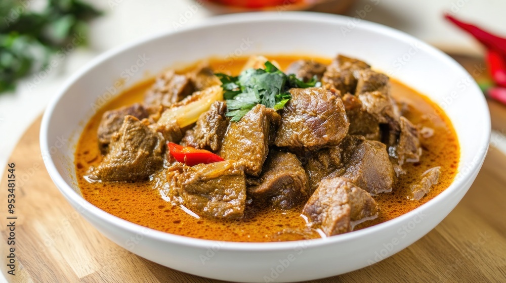 Gulai daging kambing is a popular Indonesian dish of beef curry from Padang, West Sumatra. goat curry spicy stew closeup culinary food photo Gulai daging kambing is a popular Indonesian dish of beef curry from Padang, West Sumatra. goat curry spicy stew closeup culinary food photo