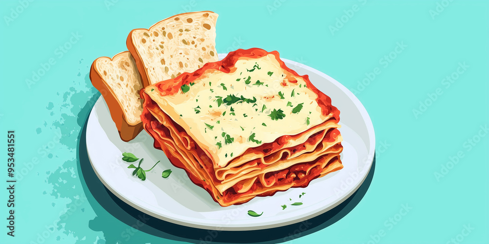 Slice of layered lasagna with pasta, cheese, and sauce, served with garlic bread Slice of layered lasagna with pasta, cheese, and sauce, served with garlic bread