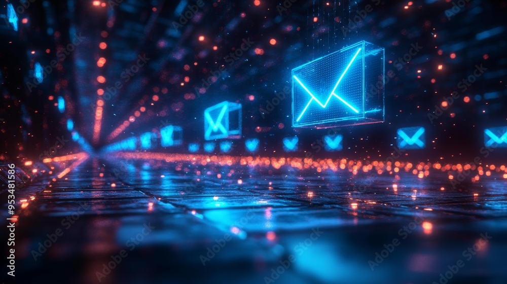 Futuristic Neon Email Icons in a Digital Corridor Generative AI Futuristic Neon Email Icons in a Digital Corridor Generative AI