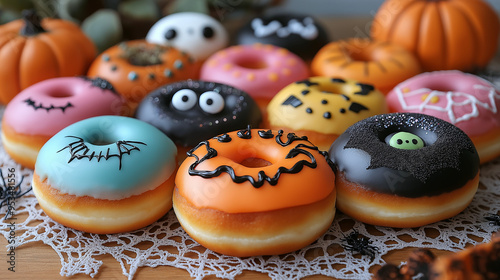 A photo of cute and colorful Halloween-themed donuts on top of an intricate lace tablecloth, with pumpkins, spider webs, and spooky eyes painted in the middle of each doughnut photo