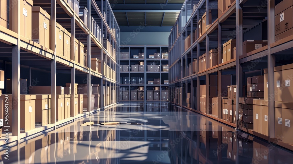 Obraz premium A large warehouse filled with neatly stacked boxes, pallets, and crates, showcasing efficient storage and logistics operations...