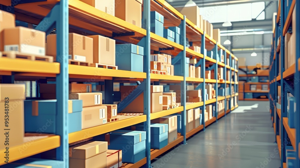 A large warehouse filled with neatly stacked boxes, pallets, and crates, showcasing efficient storage and logistics operations... A large warehouse filled with neatly stacked boxes, pallets, and crates, showcasing efficient storage and logistics operations...