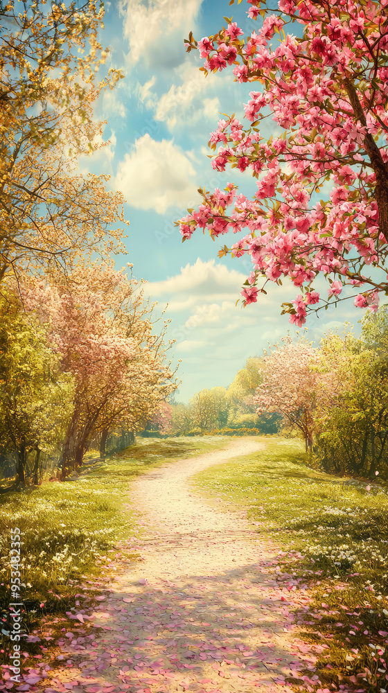 A Serene Path Through Spring's Embrace, Where Blossoms Carpet the Ground and Sunbeams Dance A Serene Path Through Spring's Embrace, Where Blossoms Carpet the Ground and Sunbeams Dance