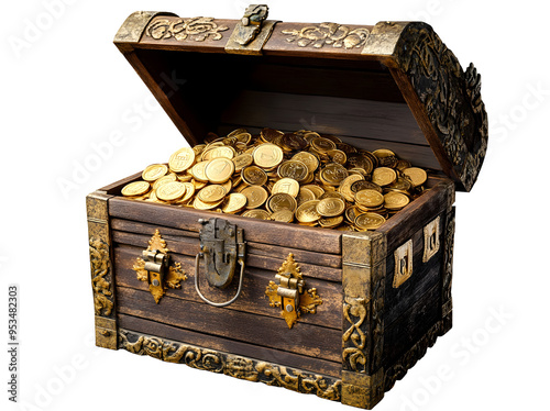 Open treasure chest full of gold coins isolated on transparent background. PNG file, 
