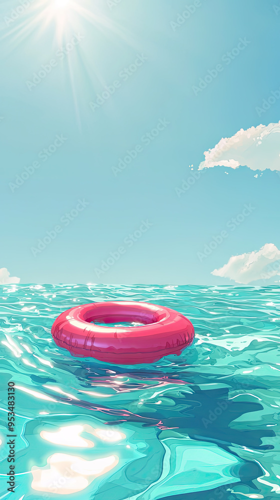 A solitary pink inflatable ring floats serenely on turquoise waters, bathed in the warm glow of the sun, promising a tranquil escape. A solitary pink inflatable ring floats serenely on turquoise waters, bathed in the warm glow of the sun, promising a tranquil escape.