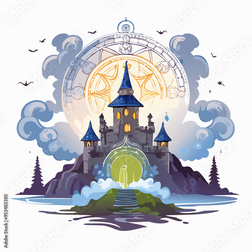 Fairytale castle on the sea. Palace fantasy landscape vector illustration for your design.