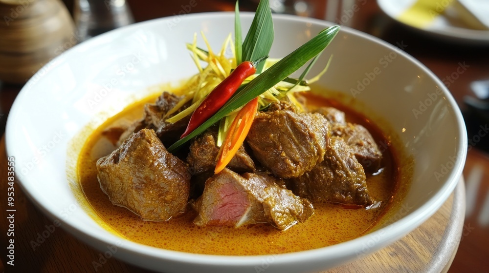 Gulai daging kambing is a popular Indonesian dish of beef curry from Padang, West Sumatra. goat curry spicy stew closeup culinary food photo Gulai daging kambing is a popular Indonesian dish of beef curry from Padang, West Sumatra. goat curry spicy stew closeup culinary food photo