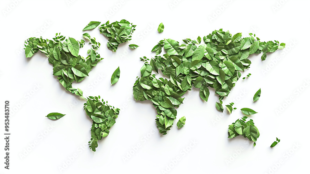 realistic 3d illustration of a world map with green leaves, 2d concept for earth day, plants for climate change global environment realistic 3d illustration of a world map with green leaves, 2d concept for earth day, plants for climate change global environment