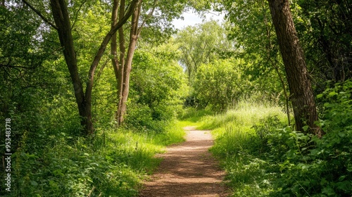 A picturesque dirt pathway winds through lush green hills and countryside under a bright sky with scattered clouds, offering a peaceful nature escape...