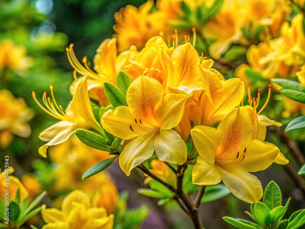 Vibrant yellow azalea blooms burst with sunny warmth against a soft green foliage backdrop, radiating joyful optimism in a serene and peaceful outdoor setting. Vibrant yellow azalea blooms burst with sunny warmth against a soft green foliage backdrop, radiating joyful optimism in a serene and peaceful outdoor setting.
