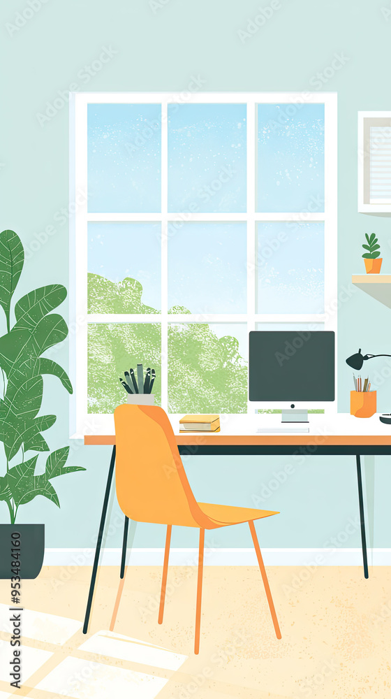 Fototapeta premium A Minimalist Home Office with a View - Perfect for Productivity and Inspiration