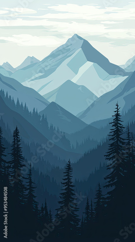 A Serene Escape: Misty Mountains and Towering Pines in a Breathtaking Blue Hues