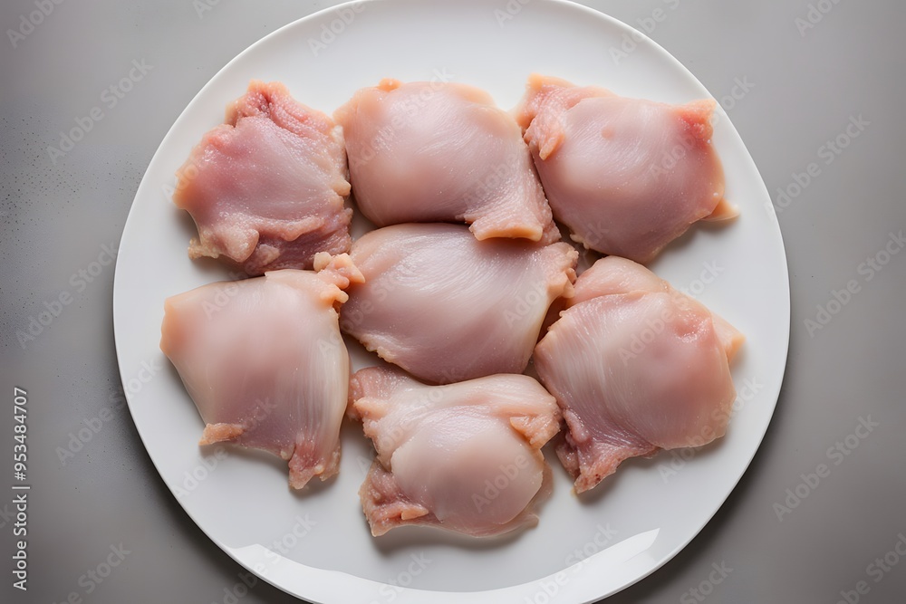 A selection of raw chicken thighs bone in arranged on a white plate, AI Generated A selection of raw chicken thighs bone in arranged on a white plate, AI Generated