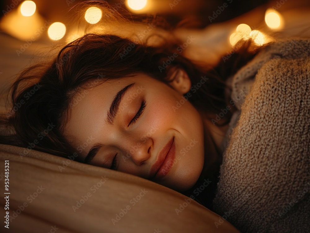 Serene Woman Enjoying a Peaceful Night's Sleep, Dreaming Sweetly with a Gentle Smile. Restful Slumber and Tranquil Evening Concepts. Serene Woman Enjoying a Peaceful Night's Sleep, Dreaming Sweetly with a Gentle Smile. Restful Slumber and Tranquil Evening Concepts.
