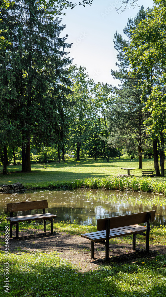 Serene Tranquility: Two Empty Benches Face a Small Pond in a Lush Park, Inviting You to Relax and Reflect. Serene Tranquility: Two Empty Benches Face a Small Pond in a Lush Park, Inviting You to Relax and Reflect.