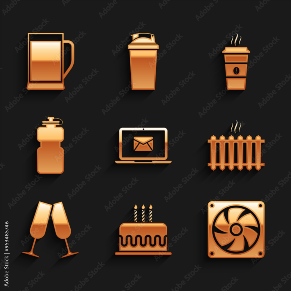 Set Laptop with envelope, Cake burning candles, Computer cooler, Heating radiator, Glasses of champagne and Sport bottle water icon. Vector Set Laptop with envelope, Cake burning candles, Computer cooler, Heating radiator, Glasses of champagne and Sport bottle water icon. Vector
