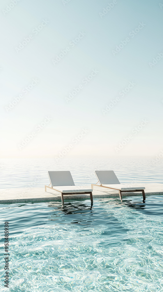 Fototapeta premium Sun-Kissed Tranquility: Two Loungers Await by the Pool's Edge