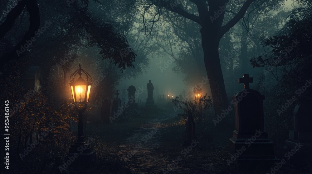 Atmospheric foggy pathway in a deserted graveyard, lit by vintage lanterns and surrounded by tall, silhouetted trees and tombstones Atmospheric foggy pathway in a deserted graveyard, lit by vintage lanterns and surrounded by tall, silhouetted trees and tombstones
