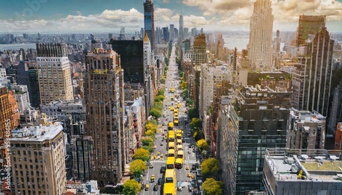 Bird's eye view of Manhattan, looking down at people and yellow taxi cabss going down 8th Avenue.
