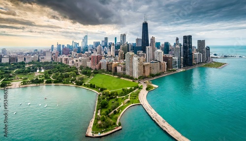 Chicago skyline aerial drone view from above, lake Michigan and city downtown skyscrapers capacity bird's view from Lincoln park, Illinoi, NAE