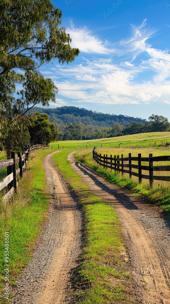 A Winding Country Road, Framed by a Rustic Wooden Fence, Leads to a Serene Hillside Landscape. A Winding Country Road, Framed by a Rustic Wooden Fence, Leads to a Serene Hillside Landscape.