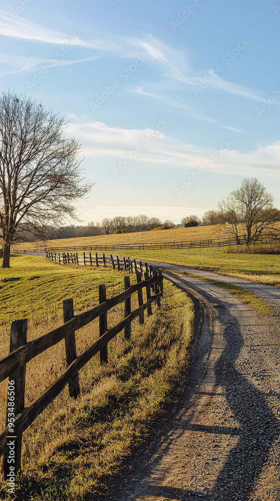 Fototapeta premium A winding, gravel road leads through a serene countryside, framed by a rustic wooden fence and golden fields bathed in the warm glow of the afternoon sun.