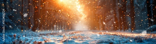 A serene winter landscape featuring soft snow, vibrant sunlight piercing through trees, and a magical atmosphere.
