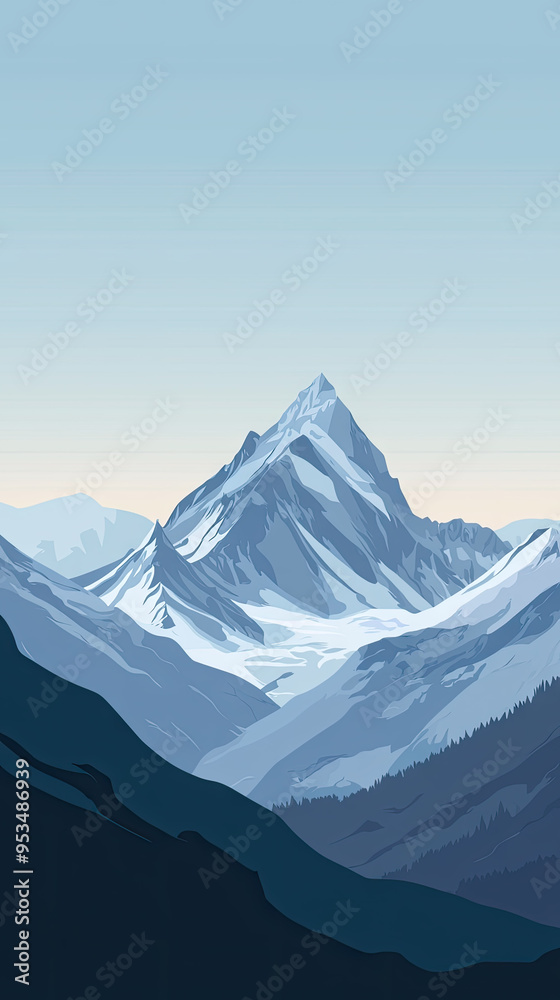 Fototapeta premium A majestic snow-capped peak stands tall against a serene blue sky,
