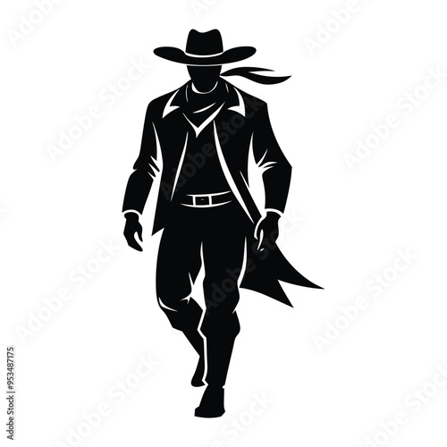 Lone cowboy silhouette in black and white with dramatic pose and windswept long coat walking forward